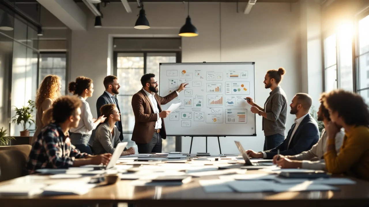 Business people sat around a table, assessing climate risk.