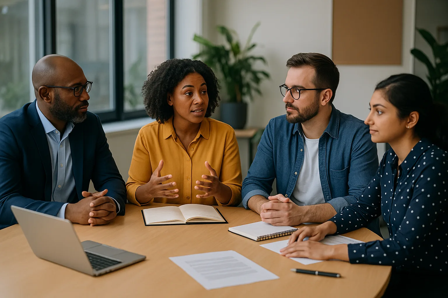 A team sat round a table discussing their business strategy Team discussing SME regulations 2026 compliance strategies.